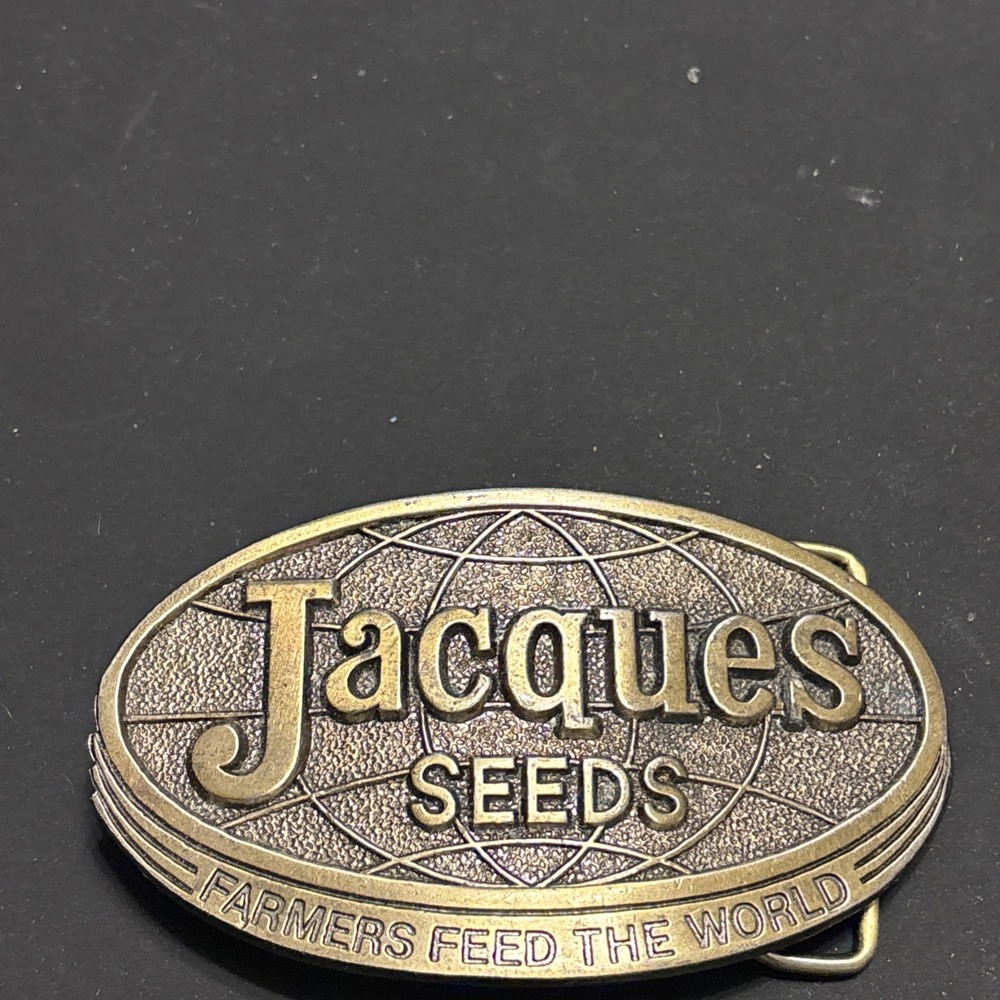 1977 Belt Buckle Solid Brass Jacques Seeds Farmers Feed the World Made In USA